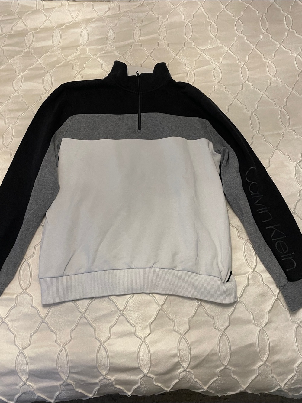 Vintage Calvin Klein Men’s Colorblock Quarter-Zip Sweater — Black, Gray & White